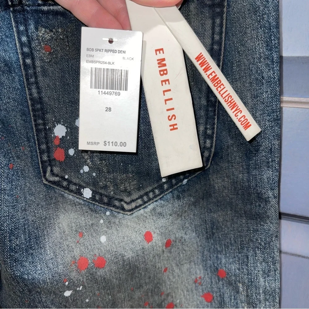 Embellish NYC Bob Distressed Blue Jeans with Paint Splatter Size 28 28x33 NWT